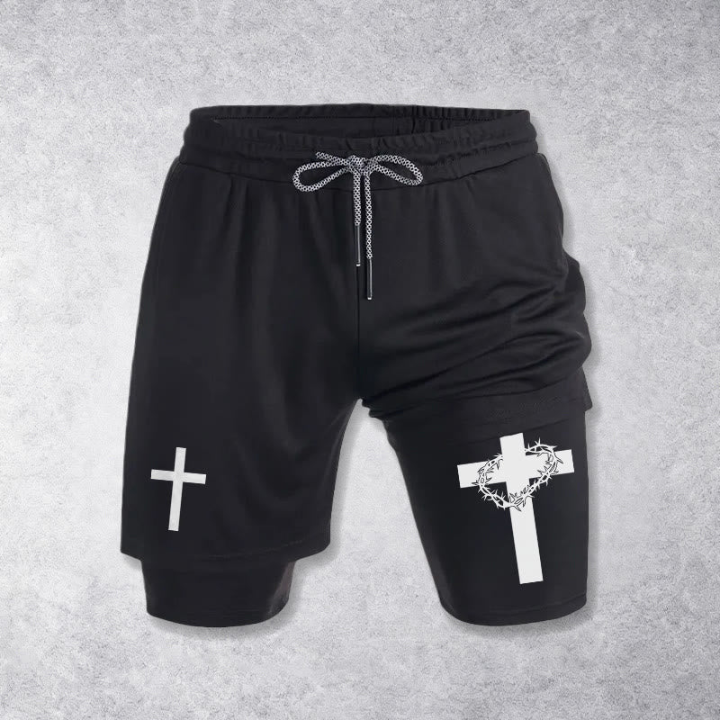 Christianartworkshop Pantalones cortos deportivos de dos capas con doble símbolo de cruz diferente. - image 10