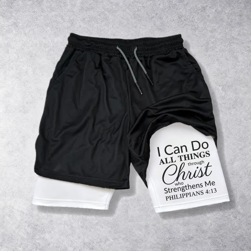 Christianartworkshop Pantalones cortos deportivos de fe con el versículo completo "Todo lo puedo en Cristo" y doble capa, estampado atemporal. - Blanco - 3XL - image 0
