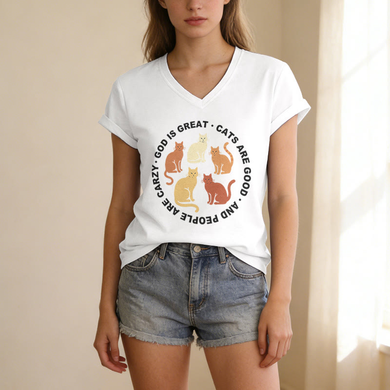 Christianartworkshop Camiseta informal con cuello en V y eslogan circular divertido para amantes de los gatos cristianos en varios tonos. - image 21
