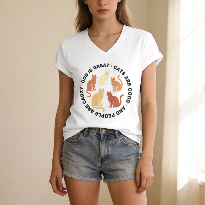 Christianartworkshop Camiseta informal con cuello en V y eslogan circular divertido para amantes de los gatos cristianos en varios tonos. - image 21