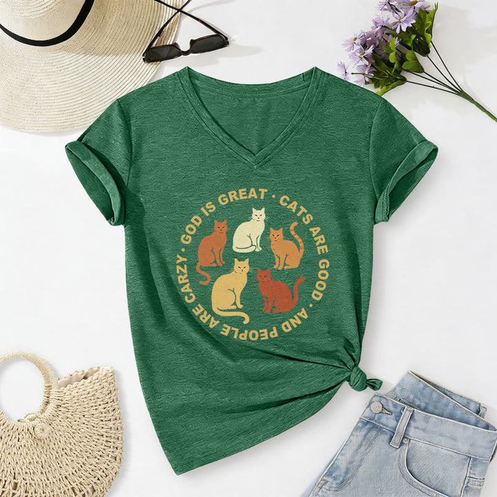 Christianartworkshop Camiseta informal con cuello en V y eslogan circular divertido para amantes de los gatos cristianos en varios tonos. - Verde oscuro - 2XL - image 24