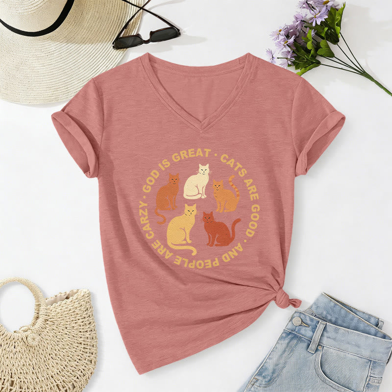 Christianartworkshop Camiseta informal con cuello en V y eslogan circular divertido para amantes de los gatos cristianos en varios tonos. - rosa claro - 2XL - image 12