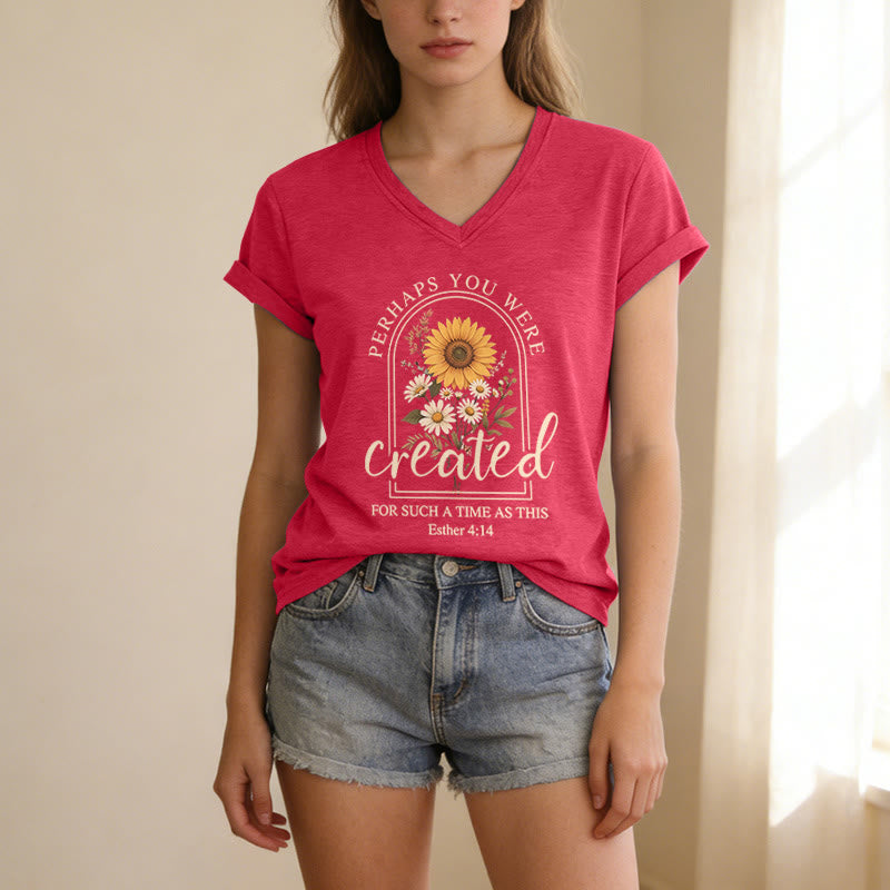 Christianartworkshop Camiseta informal con cuello en V y estampado de arco vintage con girasoles y margaritas, cita bíblica de Ester 4:14. - image 1