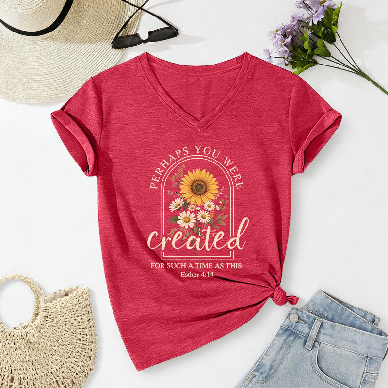 Christianartworkshop Camiseta informal con cuello en V y estampado de arco vintage con girasoles y margaritas, cita bíblica de Ester 4:14. - Rojo - 2XL - image 0