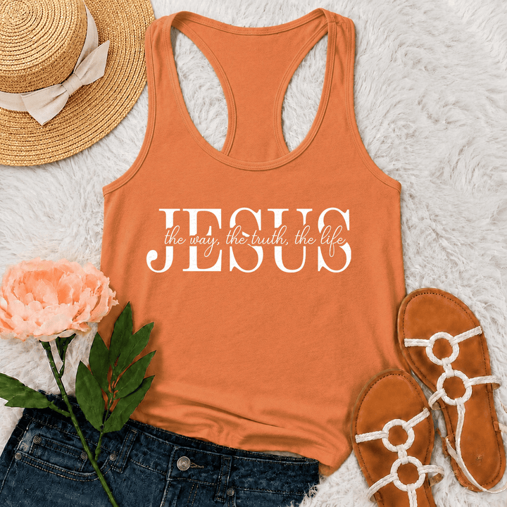 Christianartworkshop Jesús El Camino La Verdad La Vida Camiseta sin mangas estilo racerback con texto en serif y cursiva mixtos Fe - Naranja - 2XL - image 3