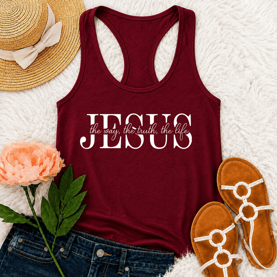 Christianartworkshop Jesús El Camino La Verdad La Vida Camiseta sin mangas estilo racerback con texto en serif y cursiva mixtos Fe - Vino - 2XL - image 27