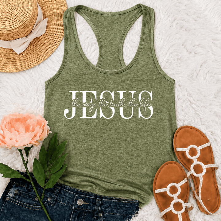 Christianartworkshop Jesús El Camino La Verdad La Vida Camiseta sin mangas estilo racerback con texto en serif y cursiva mixtos Fe - Verde oliva - 2XL - image 15