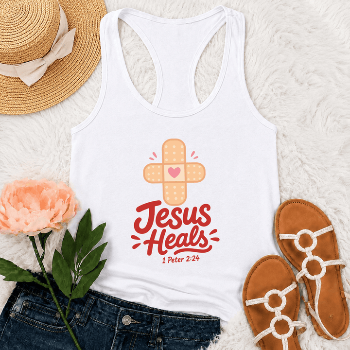 Christianartworkshop Jesús sana la cruz, curita, corazón, gráfico de dibujos animados, 1 Pedro 2:24, camiseta sin mangas estilo racerback - Blanco - 2XL - image 6