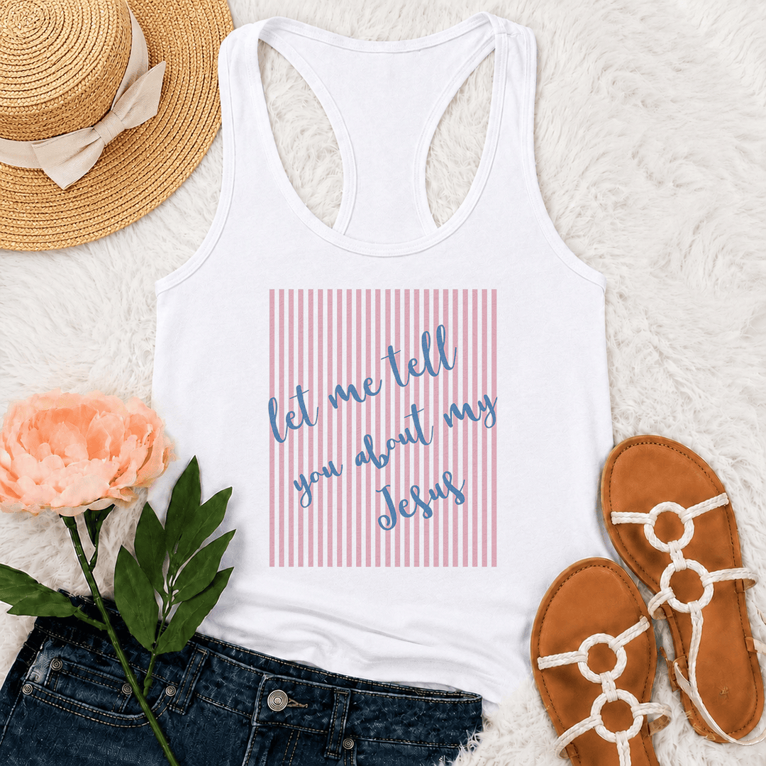 Christianartworkshop Camiseta sin mangas estilo racerback con estampado de fondo de bloques a rayas y escritura manuscrita inclinada "Déjame contarte sobre mi Jesús" - Blanco - 2XL - image 0