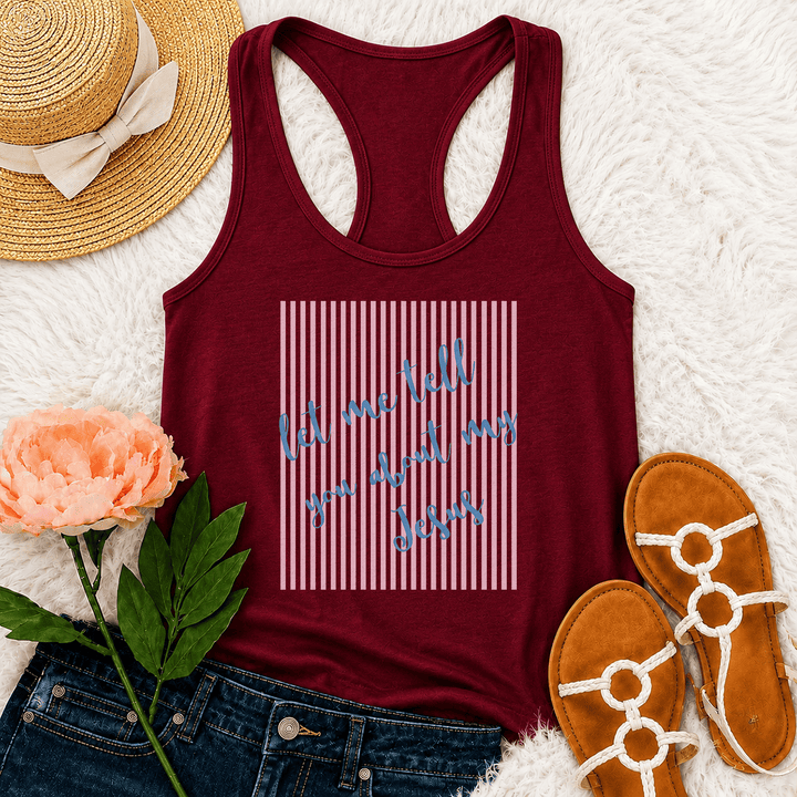 Christianartworkshop Camiseta sin mangas estilo racerback con estampado de fondo de bloques a rayas y escritura manuscrita inclinada "Déjame contarte sobre mi Jesús" - Vino - 2XL - image 12