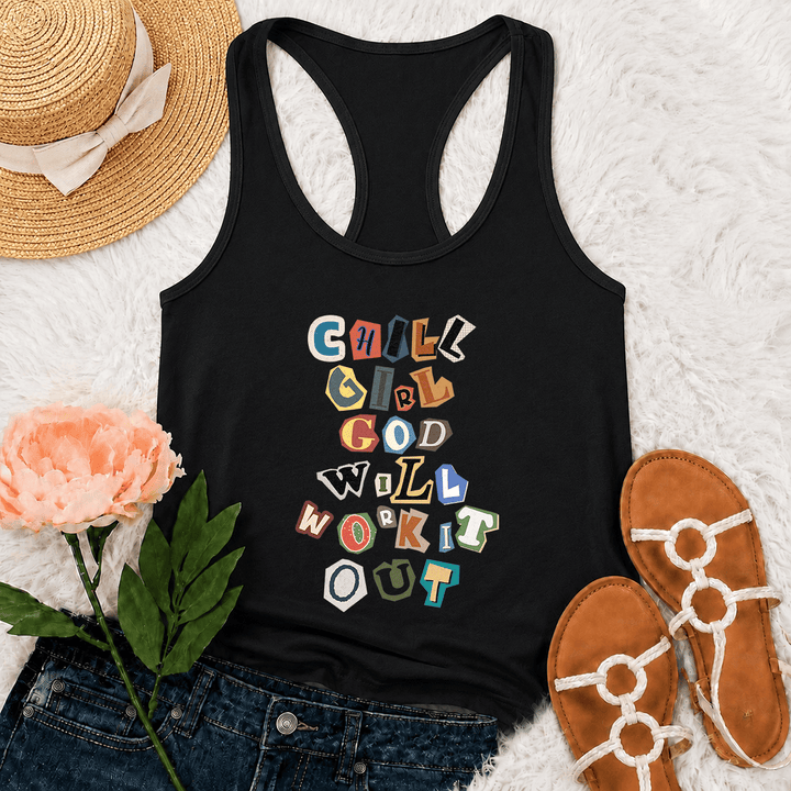 Christianartworkshop Chica relajada, Dios lo arreglará, nota de rescate, papel recortado, letras mixtas, estampado vertical, camiseta sin mangas estilo racerback - Negro - 2XL - image 6