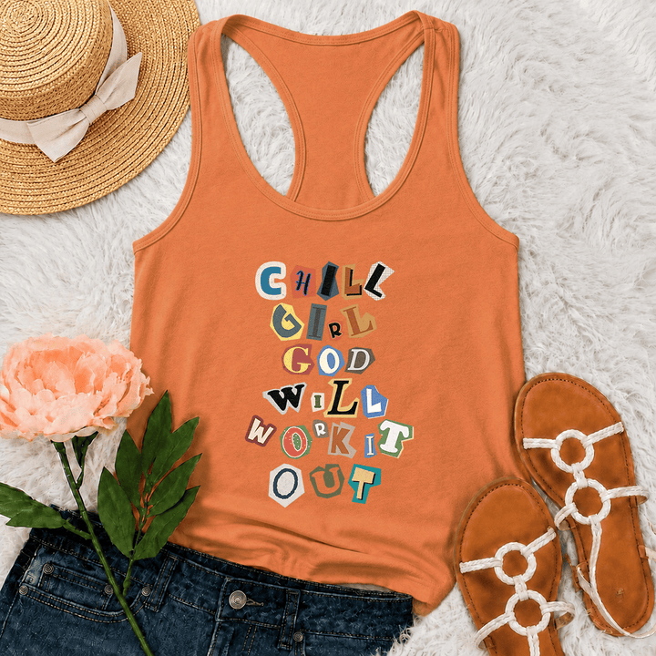 Christianartworkshop Chica relajada, Dios lo arreglará, nota de rescate, papel recortado, letras mixtas, estampado vertical, camiseta sin mangas estilo racerback - Naranja - 2XL - image 21