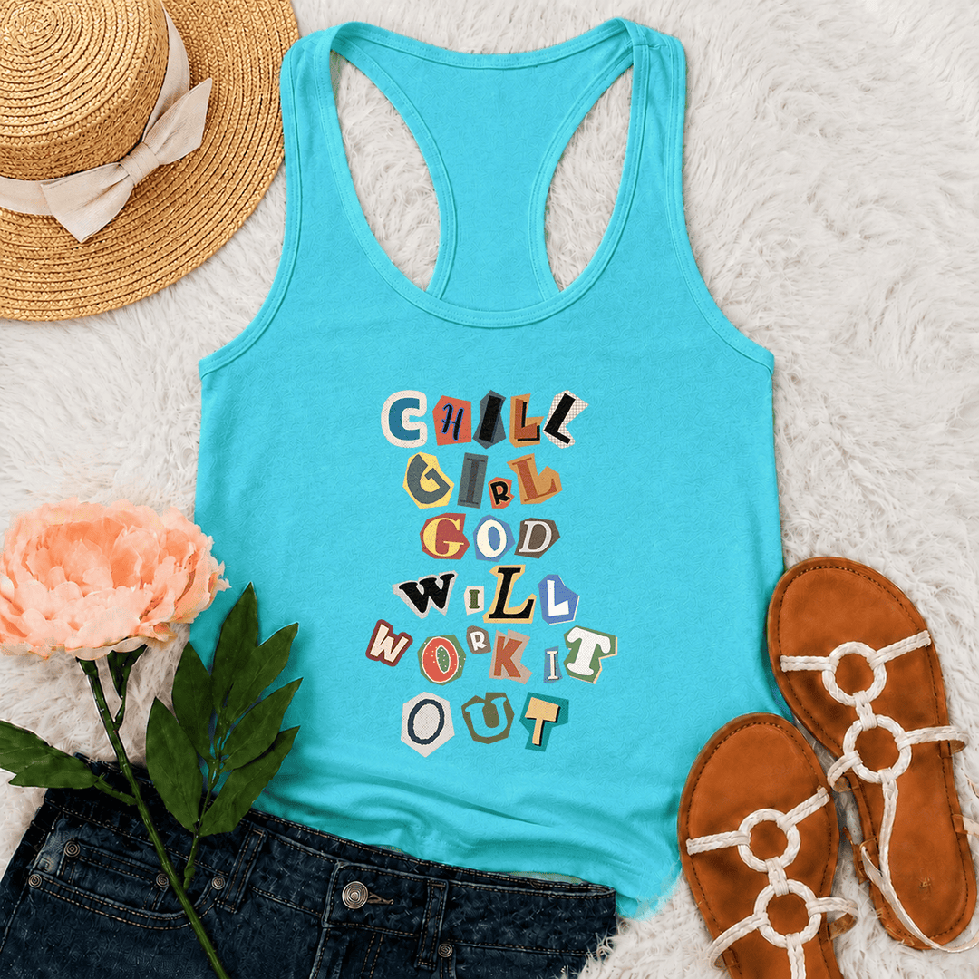 Christianartworkshop Chica relajada, Dios lo arreglará, nota de rescate, papel recortado, letras mixtas, estampado vertical, camiseta sin mangas estilo racerback - Menta - 2XL - image 9