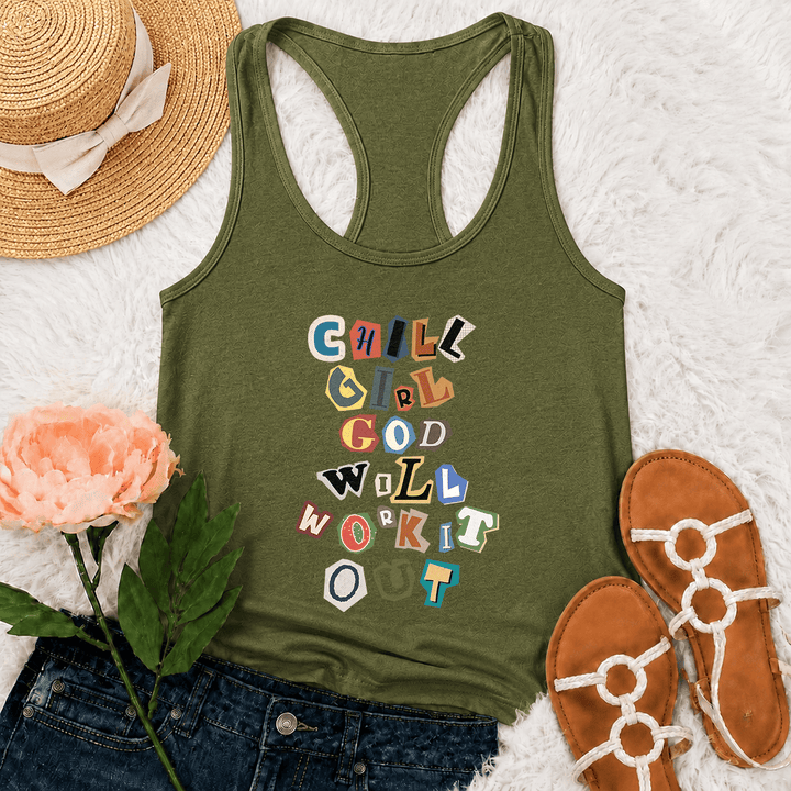 Christianartworkshop Chica relajada, Dios lo arreglará, nota de rescate, papel recortado, letras mixtas, estampado vertical, camiseta sin mangas estilo racerback - Verde militar - 2XL - image 24