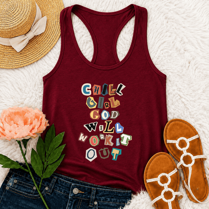 Christianartworkshop Chica relajada, Dios lo arreglará, nota de rescate, papel recortado, letras mixtas, estampado vertical, camiseta sin mangas estilo racerback - Vino - 2XL - image 15