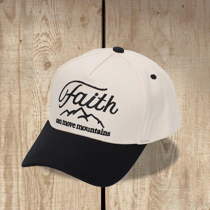 Christianartworkshop Gorra de béisbol ajustable bicolor con bordado frontal en cursiva "La fe puede mover montañas" y contorno de montaña. - Negro - image 0