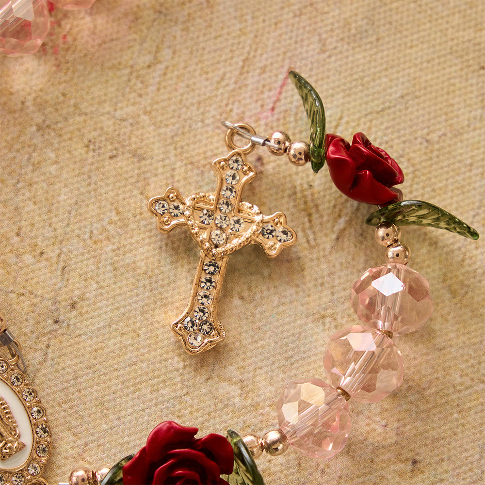 Christianartworkshop Rosario de oración con rosa de Nuestra Señora de Guadalupe, crucifijo y cuentas de vidrio rosa facetadas hechas a mano. - image 6