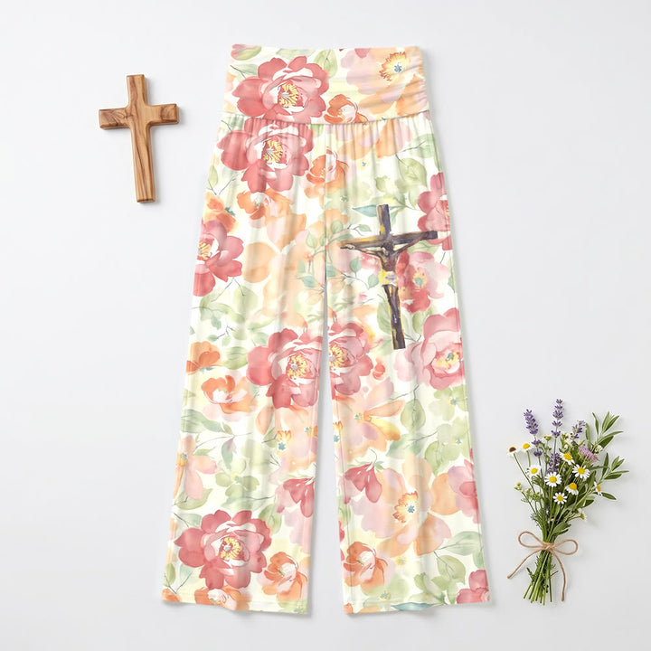 Christianartworkshop Pantalones de pierna ancha de talle alto con estampado floral de peonías en acuarela y crucifijo. - image 2
