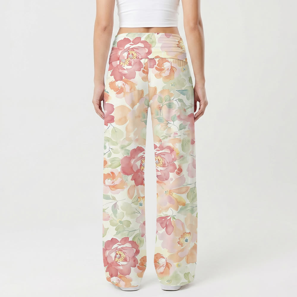 Christianartworkshop Pantalones de pierna ancha de talle alto con estampado floral de peonías en acuarela y crucifijo. - image 1