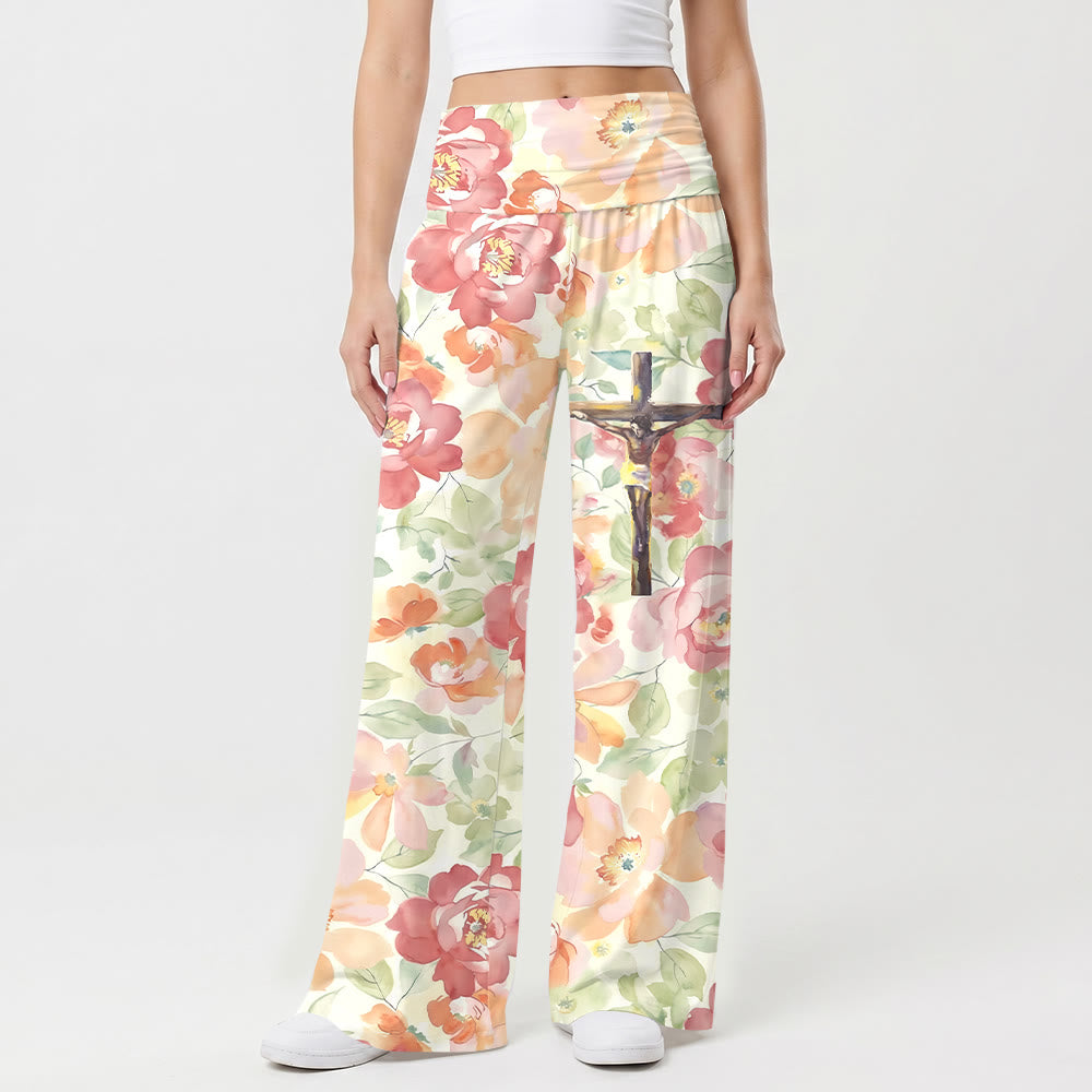 Christianartworkshop Pantalones de pierna ancha de talle alto con estampado floral de peonías en acuarela y crucifijo. - US22,UK/AU26,EU54 (6XL) - image 0