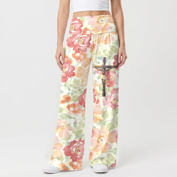 Christianartworkshop Pantalones de pierna ancha de talle alto con estampado floral de peonías en acuarela y crucifijo. - US22,UK/AU26,EU54 (6XL) - image 0