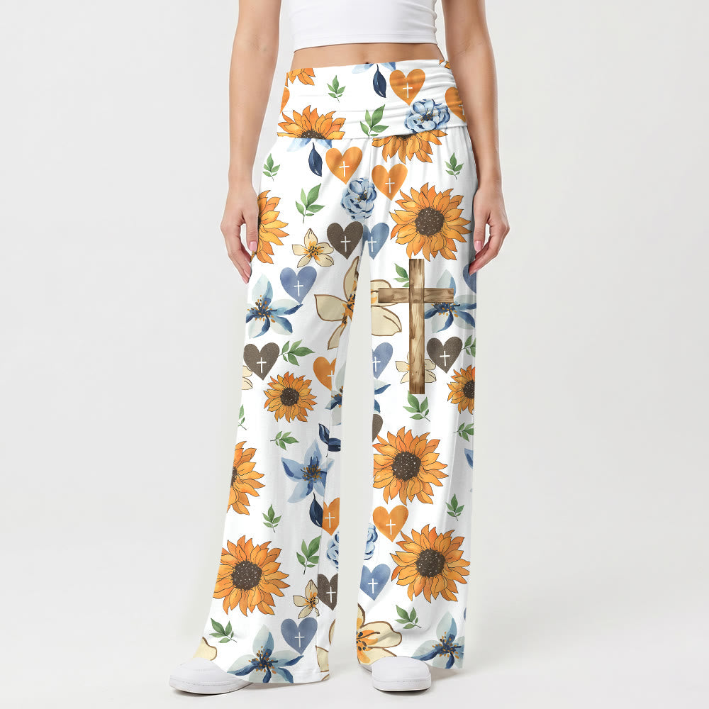 Christianartworkshop Pantalones de talle alto elásticos de pierna ancha con estampado floral de girasoles, corazones y cruces. - US22, UK/AU26, EU54 (6XL) - image 0