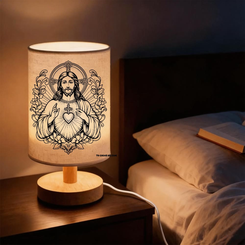 Christianartworkshop Lámpara de mesa de mesita de noche con icono del Sagrado Corazón, marco floral vintage, retrato, luz nocturna devocional cálida y suave. - Sagrado Corazón y Jesús - image 0