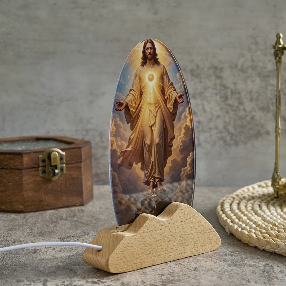 Christianartworkshop Lámpara de mesa con motivo de resplandor divino y cielo nublado, estampado sagrado, luz nocturna para un descanso reconfortante. - image 1