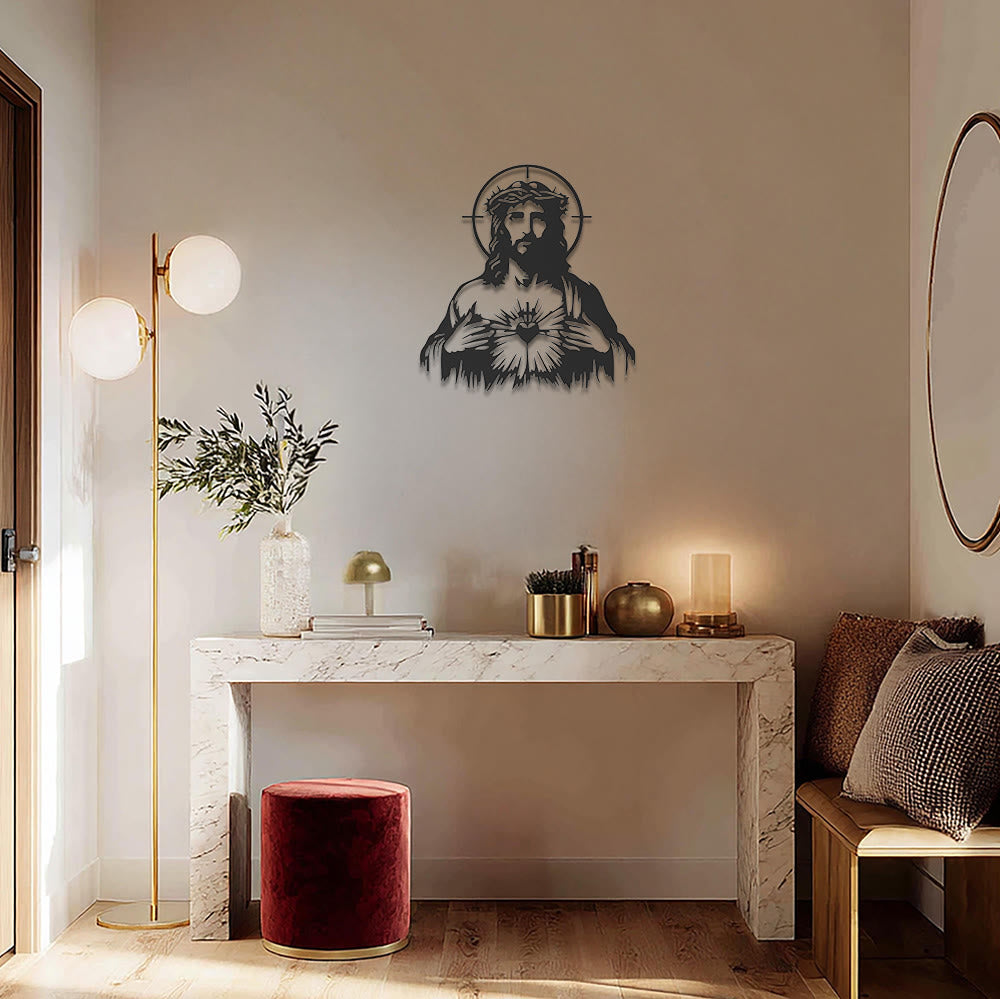 Christianartworkshop Decoración de pared metálica con silueta de la corona de espinas y el halo del Sagrado Corazón de Jesús: Emblema atemporal de la compasión divina ilimitada. - image 1