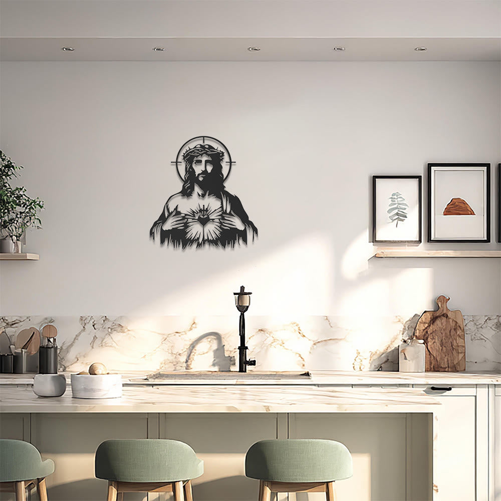 Christianartworkshop Decoración de pared metálica con silueta de la corona de espinas y el halo del Sagrado Corazón de Jesús: Emblema atemporal de la compasión divina ilimitada. - image 0