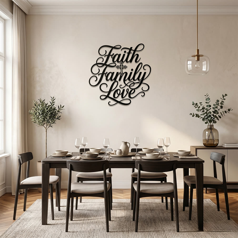 Christianartworkshop Decoración de pared metálica con cruz y la inscripción "Fe, Familia, Amor": Emblema atemporal de bendición sagrada para el hogar. - image 4