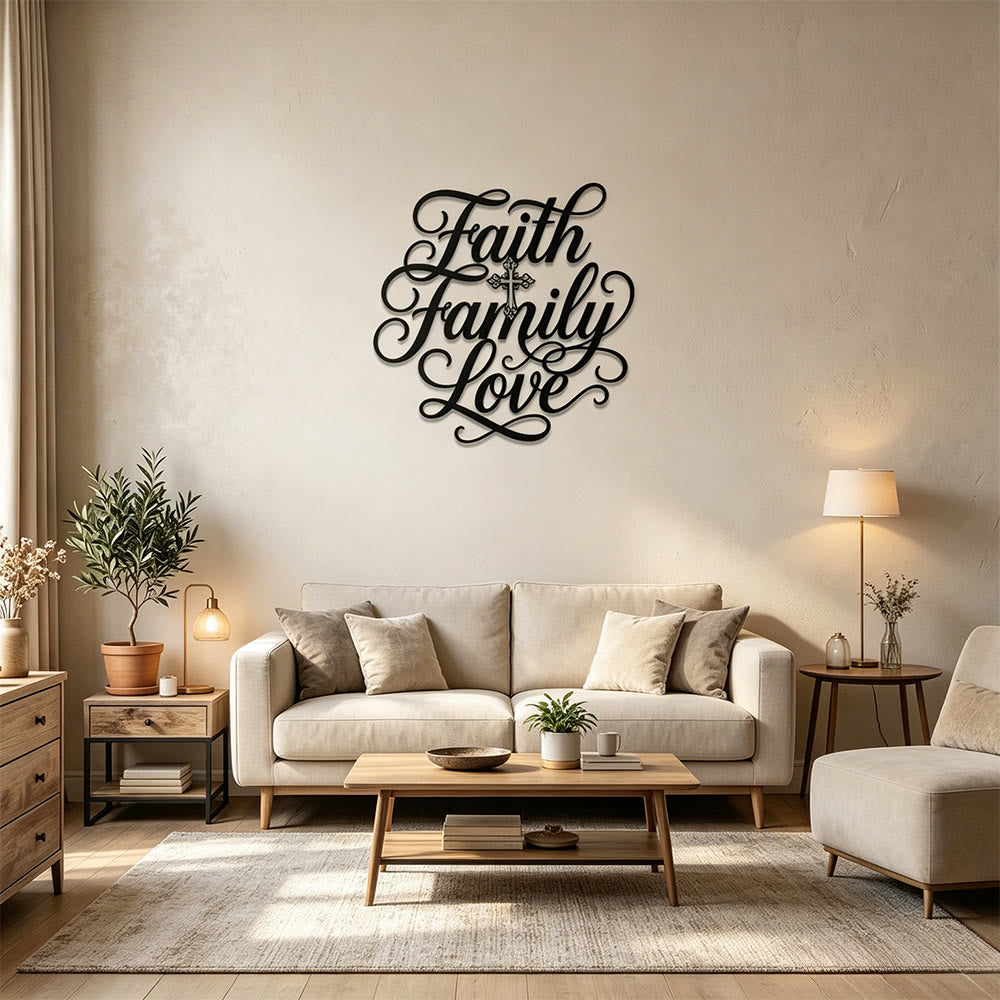 Christianartworkshop Decoración de pared metálica con cruz y la inscripción "Fe, Familia, Amor": Emblema atemporal de bendición sagrada para el hogar. - image 1