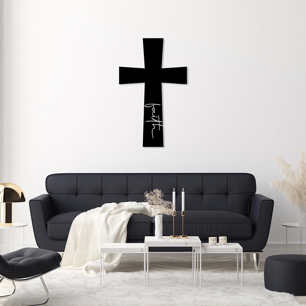 Christianartworkshop Cruz minimalista sólida con la palabra "Fe" escrita en cursiva vertical para decoración de pared en metal: emblema atemporal de firme convicción espiritual. - image 1