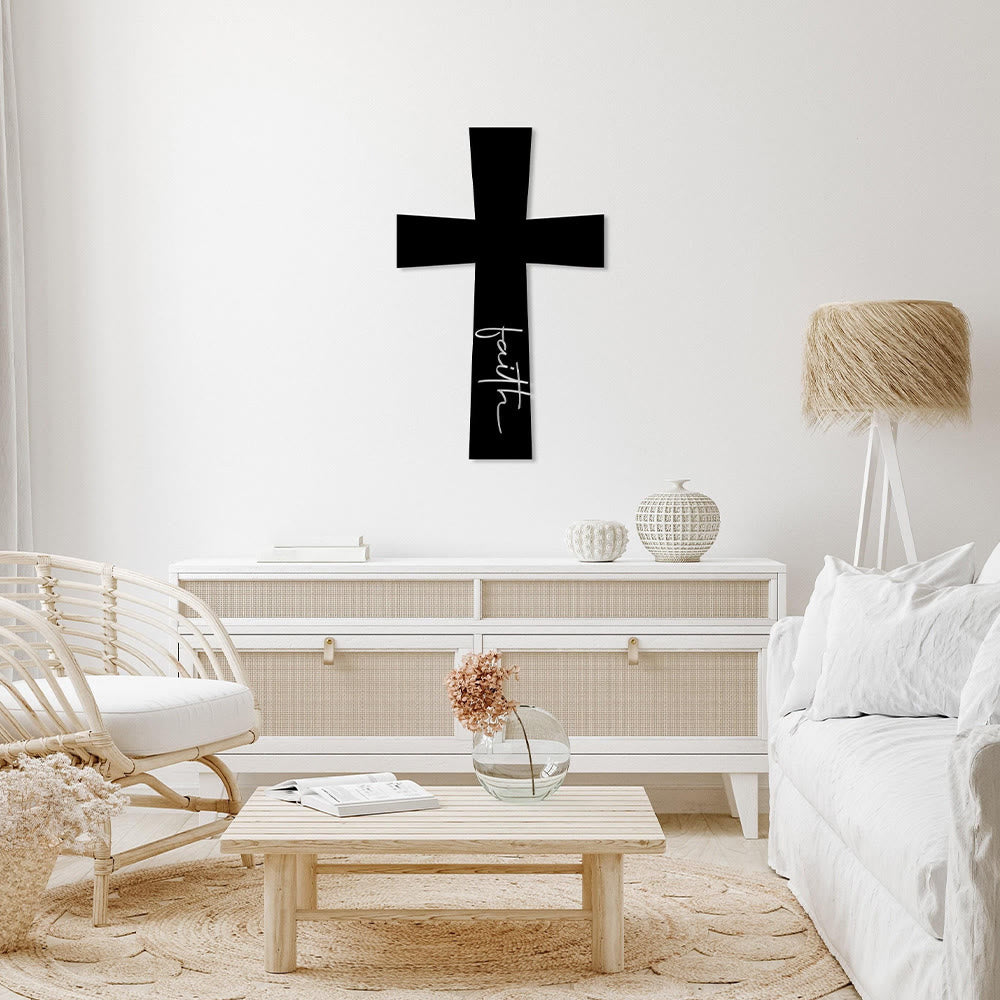 Christianartworkshop Cruz minimalista sólida con la palabra "Fe" escrita en cursiva vertical para decoración de pared en metal: emblema atemporal de firme convicción espiritual. - image 0