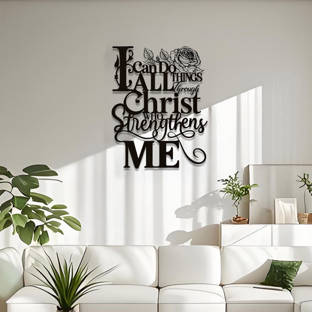 Christianartworkshop Decoración de pared metálica con diseño floral de rosas y versículo Filipenses 4:13: Emblema atemporal de la fuerza espiritual interior. - image 1