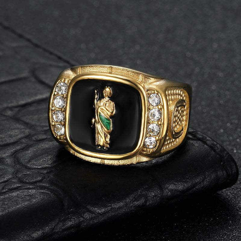 Christianartworkshop Anillo de sello esculpido de San Judas Tadeo en piedra enmarcada: Emblema atemporal de fe devocional inquebrantable. - Dorado - US 13 - image 0