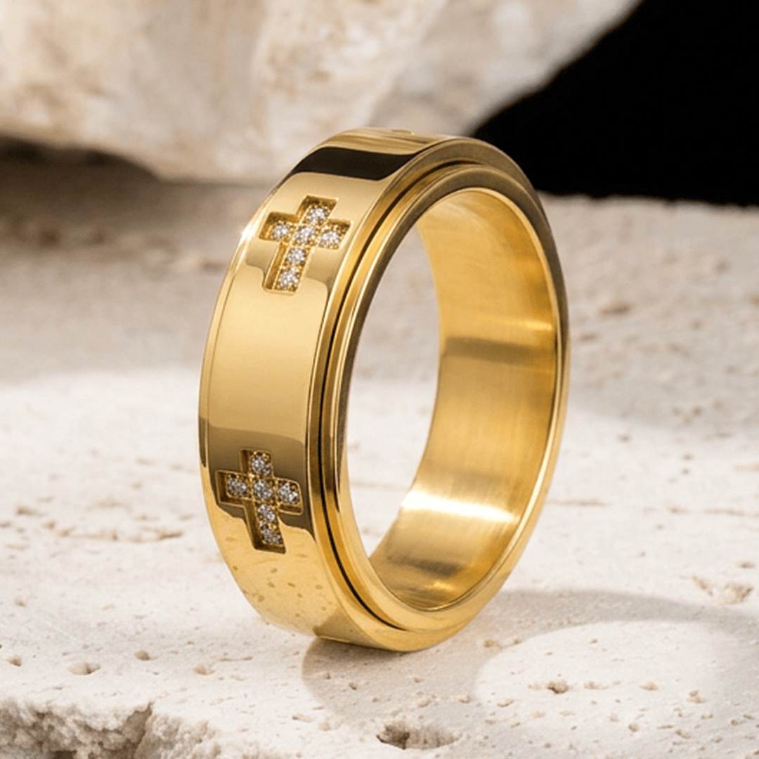 Christianartworkshop Anillo giratorio de doble capa con detalle de cruz para aliviar la ansiedad: Emblema atemporal de la protección celestial permanente. - Dorado - US 12 - image 3