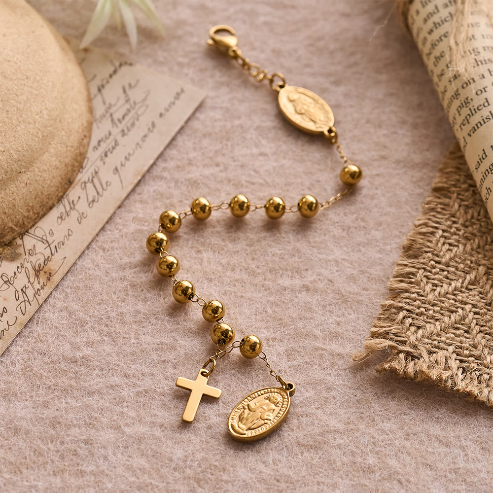 Christianartworkshop Pulsera con colgante de cruz y medalla de la Virgen María con cuentas redondas lisas: Emblema personalizado de fe celestial inquebrantable - image 3