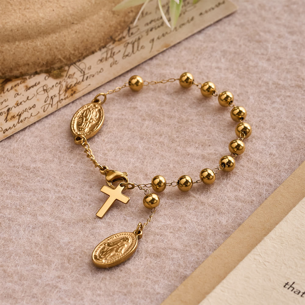 Christianartworkshop Pulsera con colgante de cruz y medalla de la Virgen María con cuentas redondas lisas: Emblema personalizado de fe celestial inquebrantable - image 2