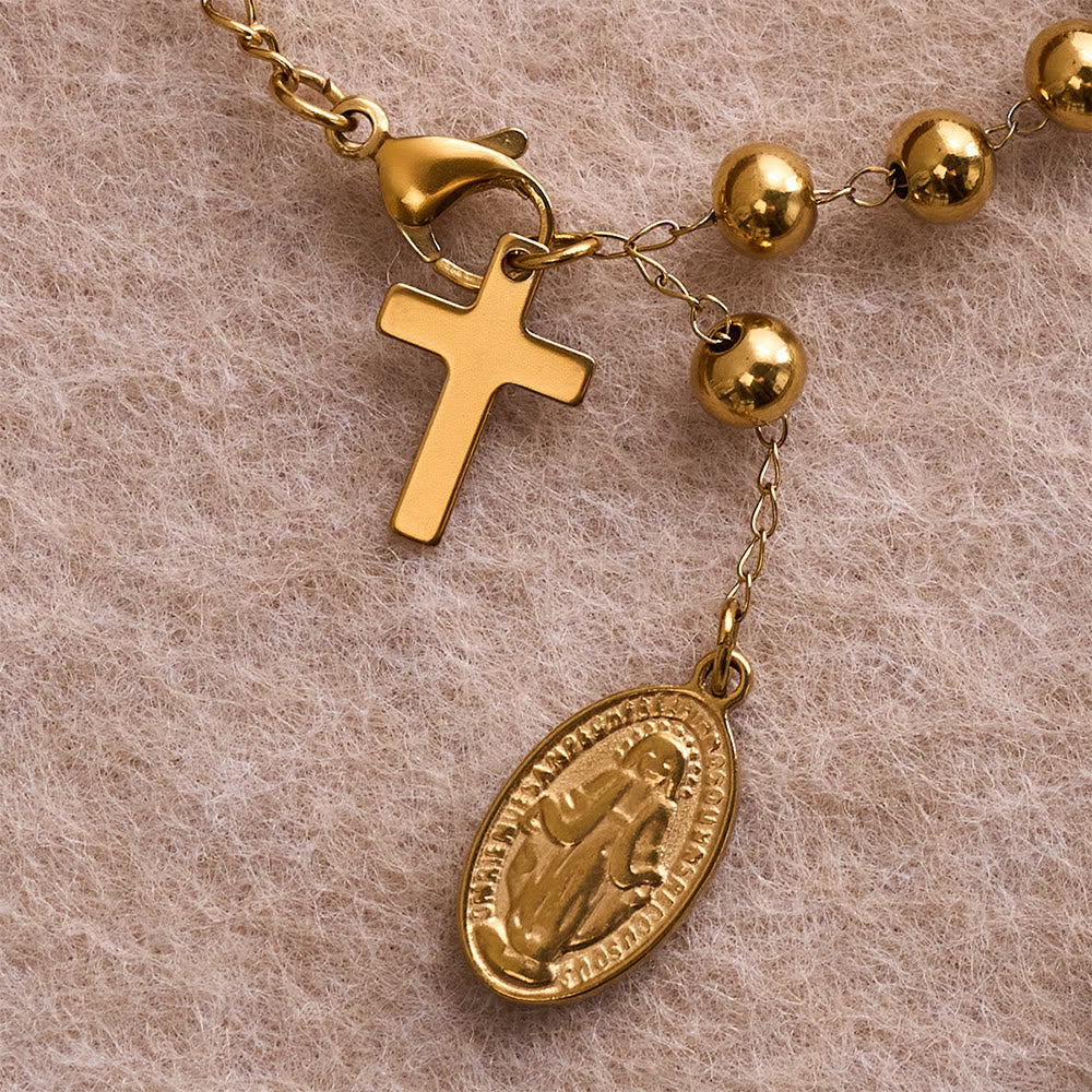 Christianartworkshop Pulsera con colgante de cruz y medalla de la Virgen María con cuentas redondas lisas: Emblema personalizado de fe celestial inquebrantable - image 5