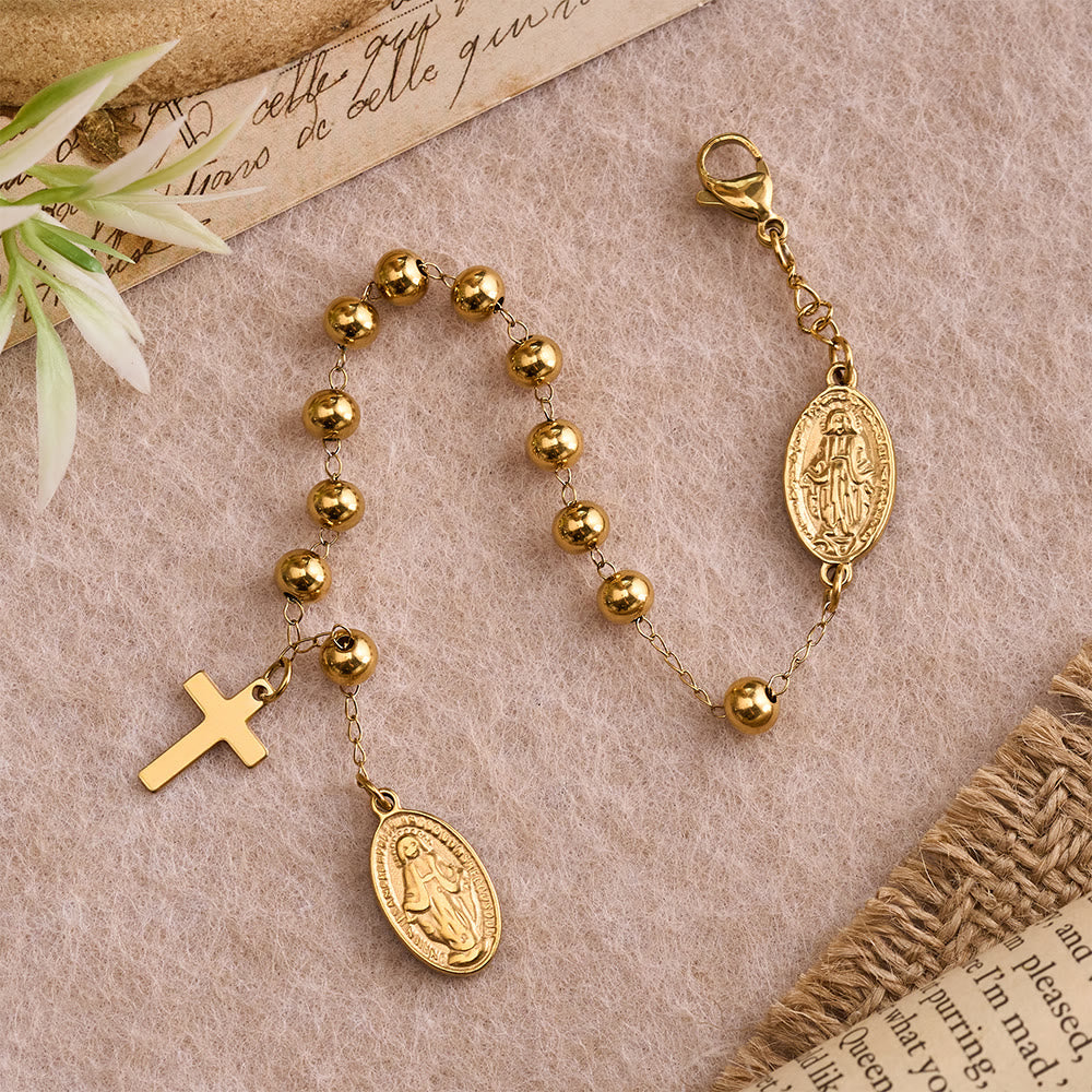 Christianartworkshop Pulsera con colgante de cruz y medalla de la Virgen María con cuentas redondas lisas: Emblema personalizado de fe celestial inquebrantable - image 1