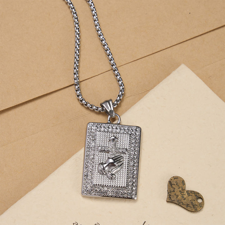 Christianartworkshop Collar con colgante rectangular de cruz y manos en oración: emblema atemporal de la oración sincera y devota. - Plata - image 3
