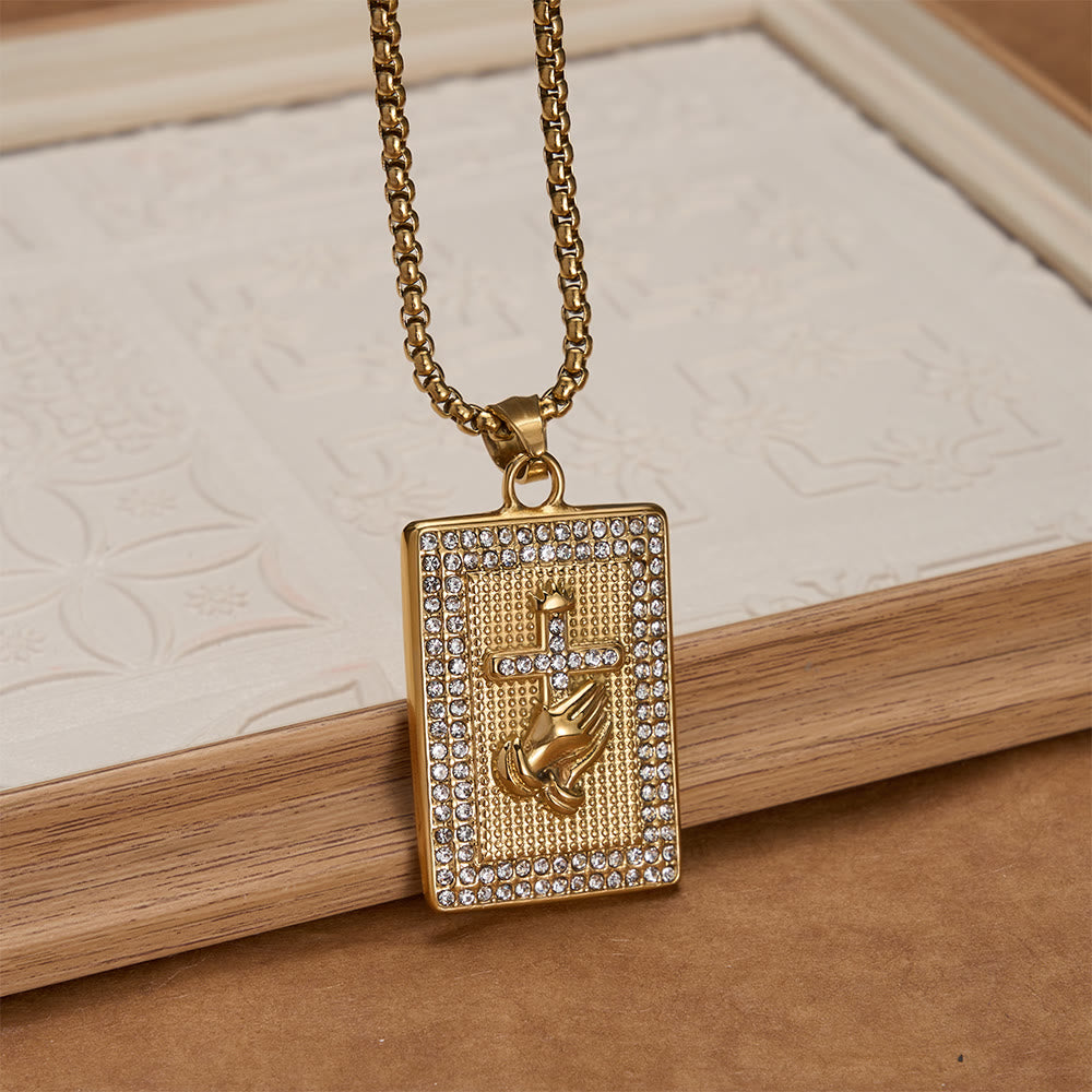 Christianartworkshop Collar con colgante rectangular de cruz y manos en oración: emblema atemporal de la oración sincera y devota. - image 2
