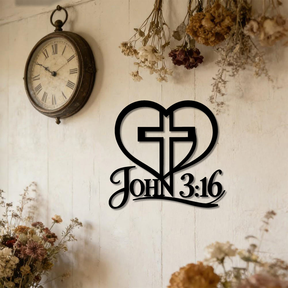 Christianartworkshop Cruz con contorno de corazón, Juan 3:16, decoración de pared de metal: emblema atemporal de la sagrada gracia redentora. - image 1