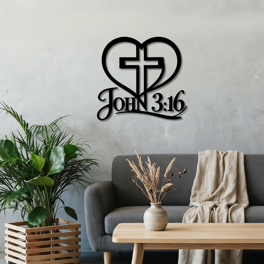 Christianartworkshop Cruz con contorno de corazón, Juan 3:16, decoración de pared de metal: emblema atemporal de la sagrada gracia redentora. - image 0