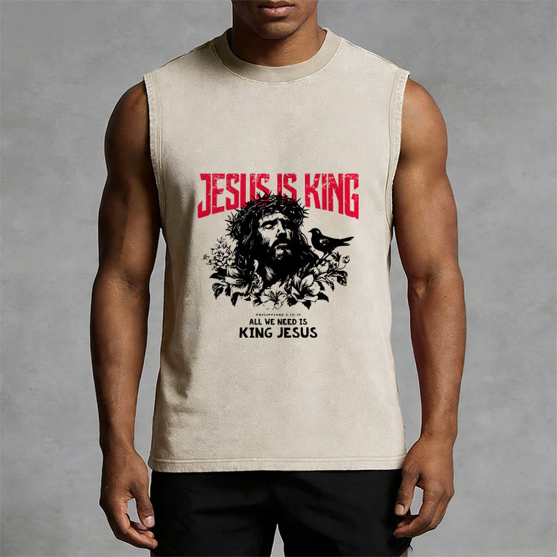 Christianartworkshop Camiseta sin mangas unisex lavada con estampado de la corona de espinas de Jesús es Rey. - image 1