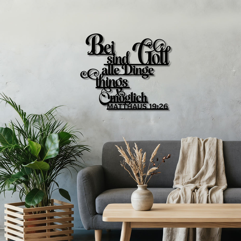 Christianartworkshop Decoración de pared metálica con la inscripción en alemán cursiva "Mateo 19:26": Emblema atemporal de la sagrada gracia redentora. - image 1