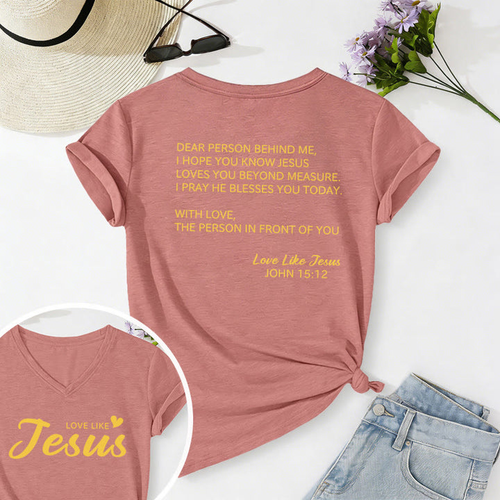 Christianartworkshop Querida persona detrás de mí Texto completo en la espalda Juan 15:12 Versículo en la parte delantera Eslogan de amor Camiseta informal con cuello en V - rosa claro - 2XL - image 6
