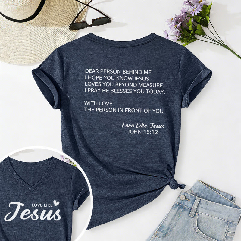 Christianartworkshop Querida persona detrás de mí Texto completo en la espalda Juan 15:12 Versículo en la parte delantera Eslogan de amor Camiseta informal con cuello en V - Azul marino - 2XL - image 42