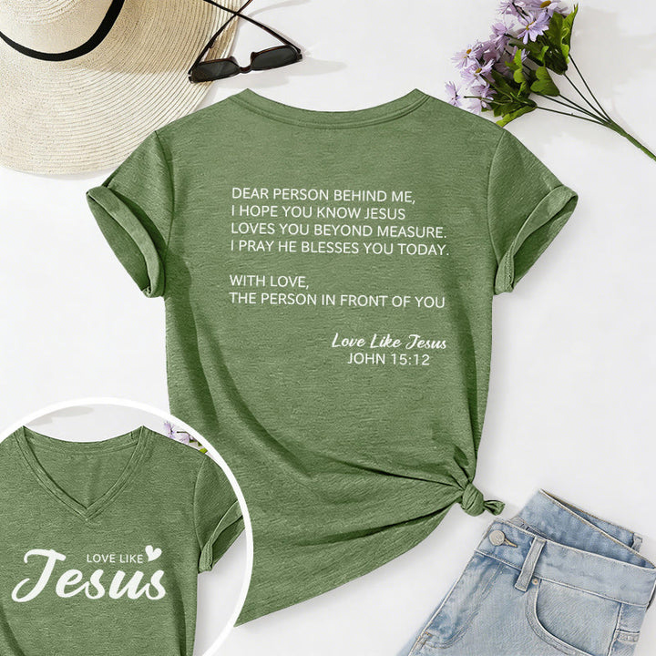 Christianartworkshop Querida persona detrás de mí Texto completo en la espalda Juan 15:12 Versículo en la parte delantera Eslogan de amor Camiseta informal con cuello en V - Verde oliva - 2XL - image 54